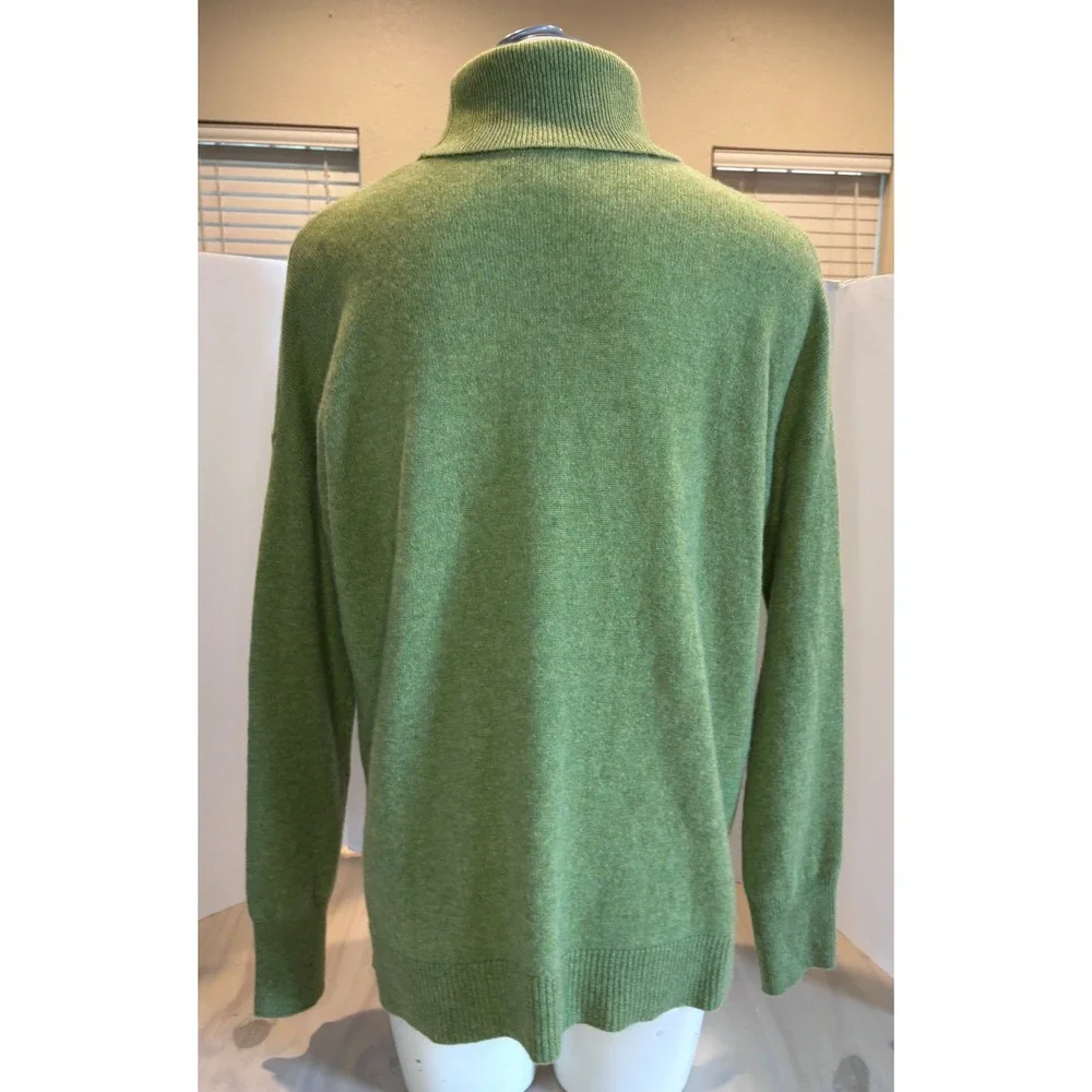 Nordstrom Womens 100% Cashmere Turtleneck Sweater Green Size L Side Slits Ribbed